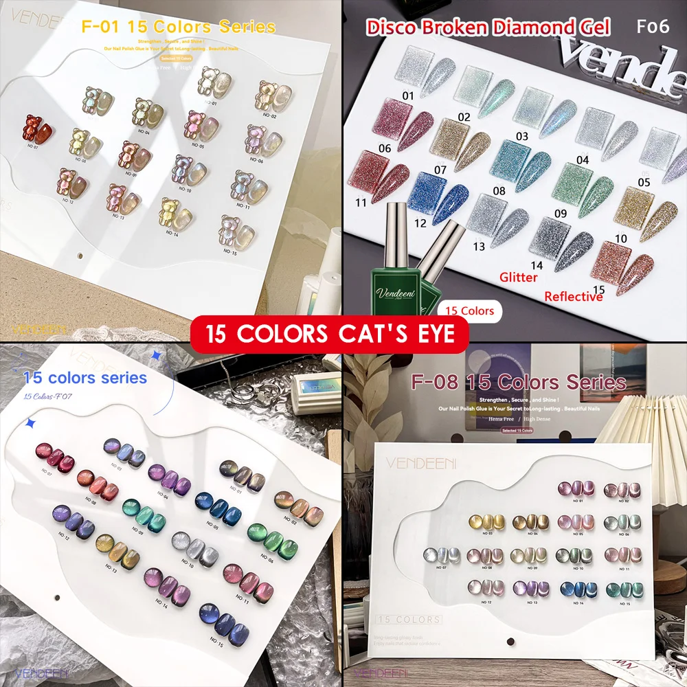 

Vendeeni 15 шт./компл. блестящий гель-лак для ногтей «кошачий глаз» с блестками, УФ-светодиодный магнитный маникюрный гель-лак для ногтей с цветной картой