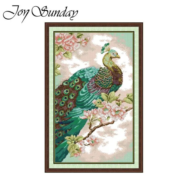 JoySunday Green peacock Printed Cross Stitch Kits Aida 16CT 14CT 11CT DIY Fabric Folk Craft DMC Thread Handmade Embroidery Set