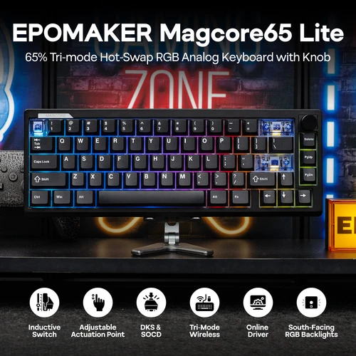 Imagen 2 del producto EPOMAKER Magcore65 Lite 65% diseño QWERTY de EE. UU. USB con cable/BT/2,4 Ghz teclado mecánico inalámbrico para jugar 8K interruptor analógico de pollicación