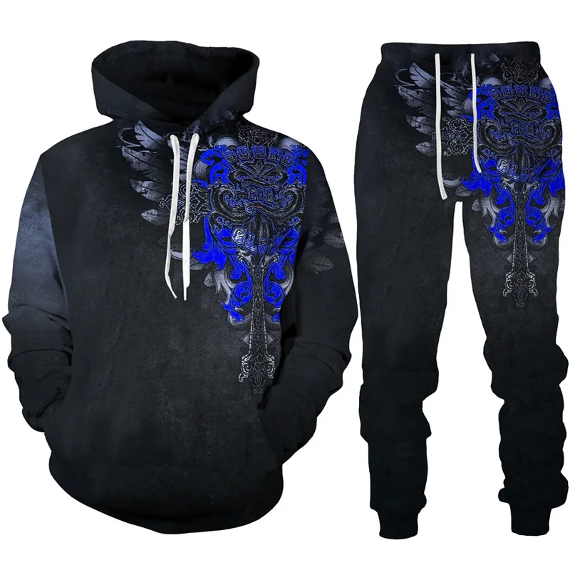 Men's Hoodie Set Gothic Skull Tattoo 3D Printed Hoodie Tracksuit  Fashion Man Sportswear Set Cool Graphic Hoodie+Pants 2pcs Set