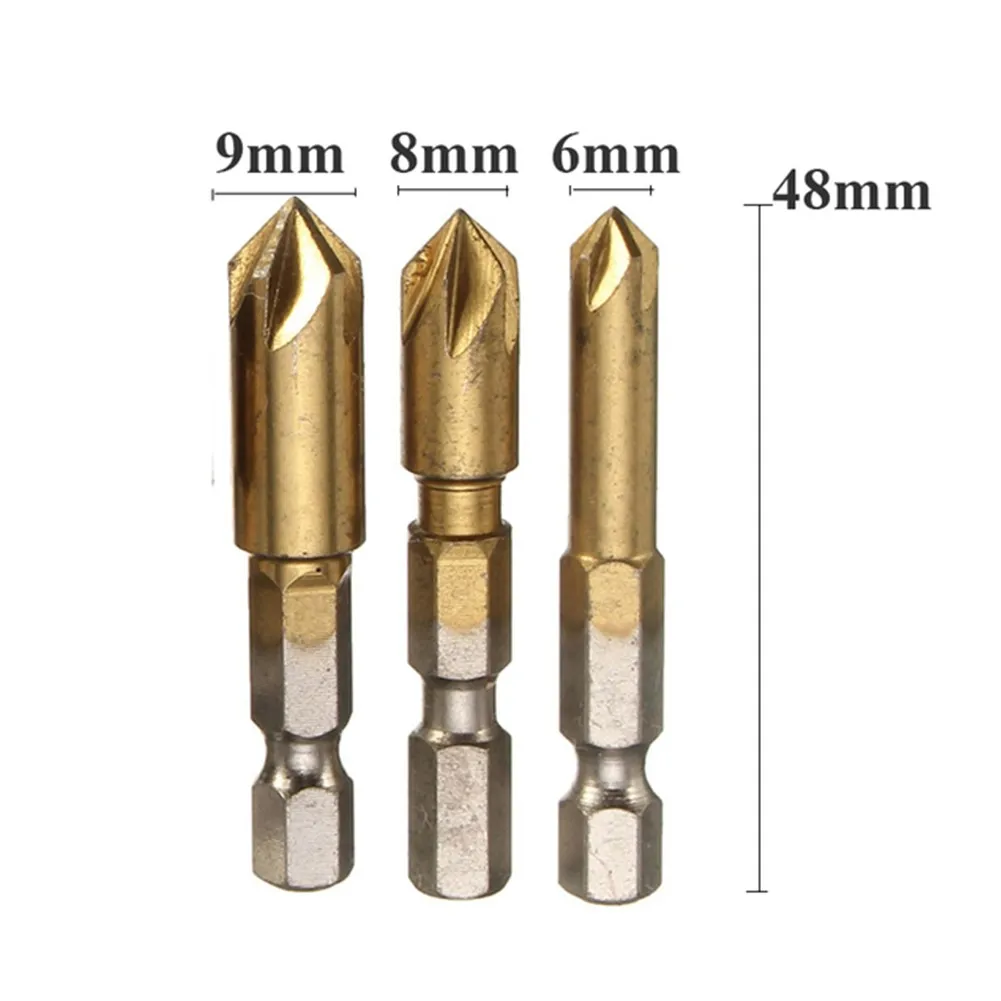

3 шт. HSS 6/8/9/12/16/19 мм сверло для фаски, зенковки, сверло для фаски, 1/4 шестигранный хвостовик 90 градусов для дерева, пластика