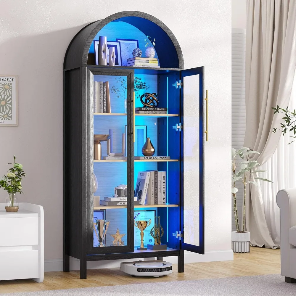 Arched Display Cabinet with Glass Doors, 68” Tall Bookcase 5-Tier Curio Storage Pantry Cabinet with 3 Color LED Lights for C
