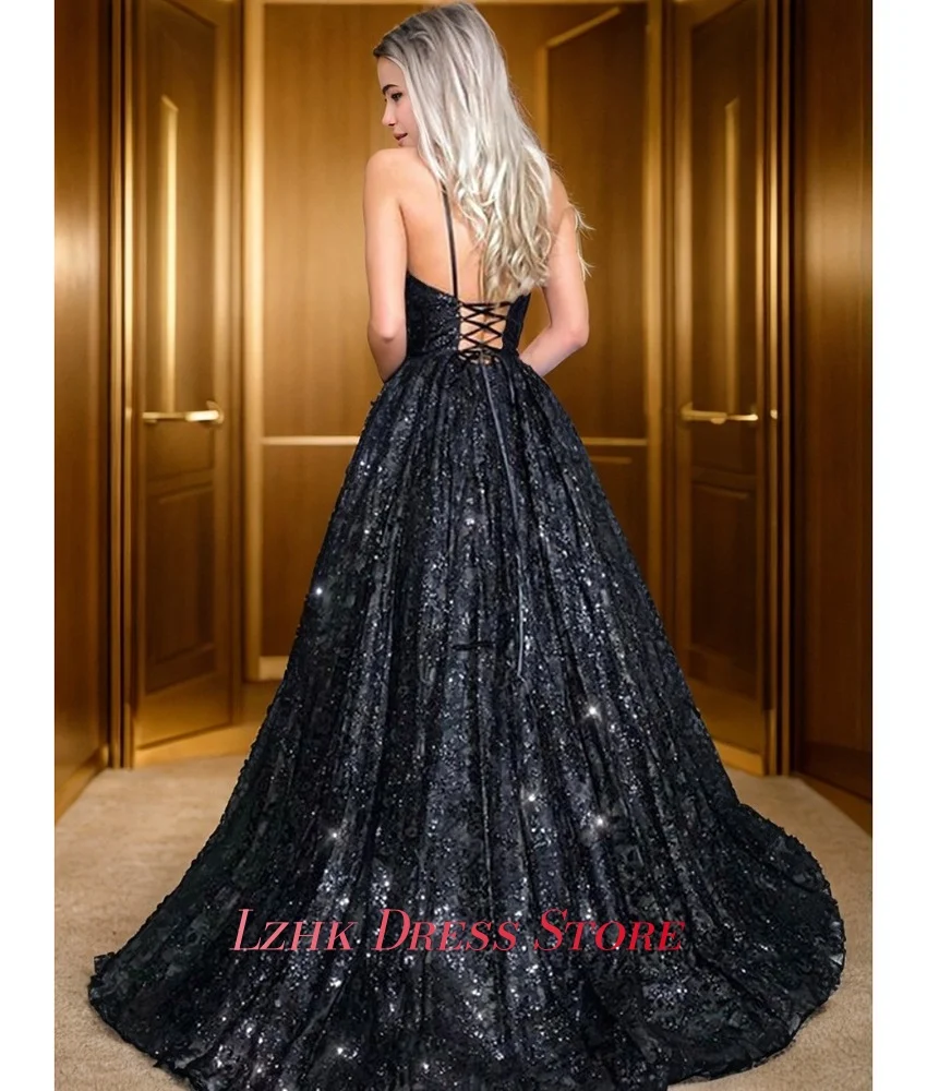 Vestido de noche personalizado de Organza Sexy, corte en A, tirantes finos, apliques de lentejuelas, vestidos de fiesta sin mangas con cuello en V de alta calidad