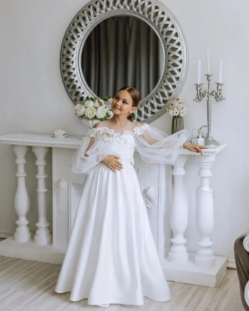Кружевное атласное платье с цветочным узором для маленьких девочек, белое детское платье для святого причастия на свадьбу, длинные пышные платья для девочек, платья принцессы