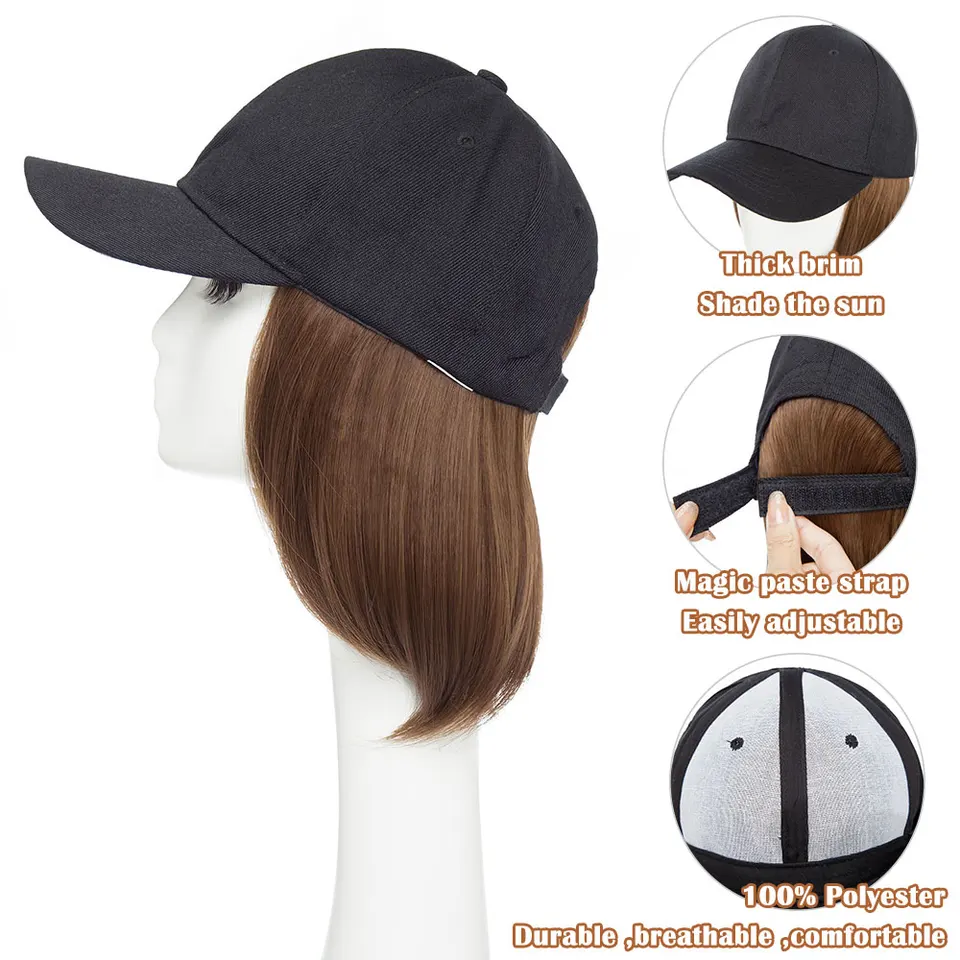 Gorra de béisbol con extensión de cabello sintético lacio bob corto, ajustable y removible, 6 pulgadas 5