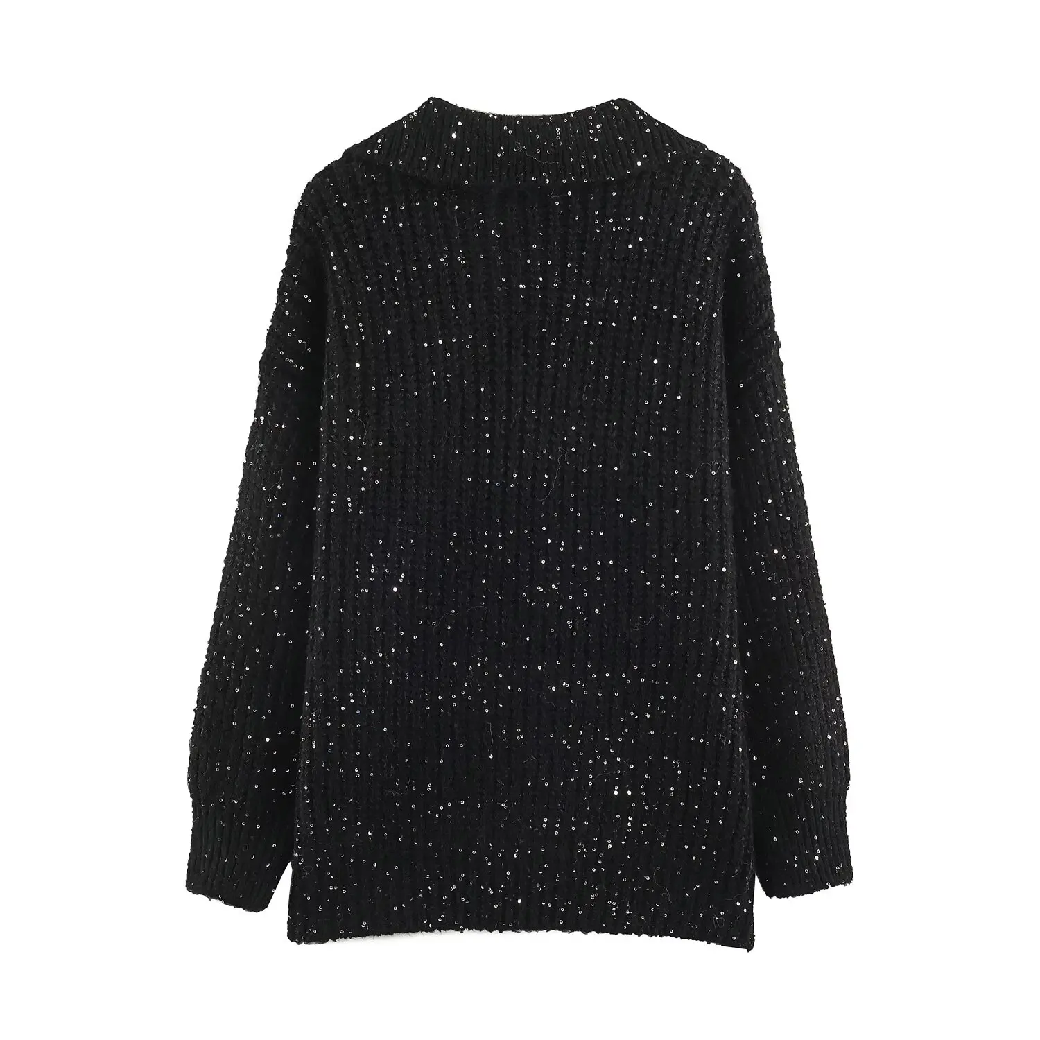 Ladies Black Sparkle Sequined Women' Sweater 2026 Autumn Winter Lapel Temperament Pullover Coats Long Sleeve Warm Ribbed Tops