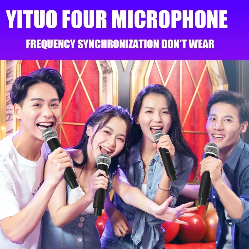 Professional Wireless Microphone 4 Channels Karaoke Handheld  Chargeable Easy Use Outdoor with Suitcase  Microphone, UHF Dual