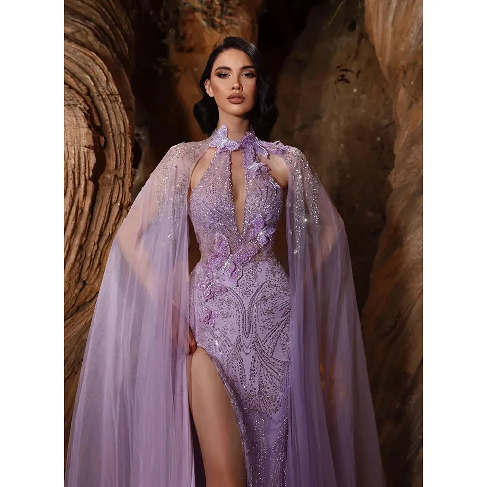 Luxury Lavender Shiny Beaded Lace Split Long Evening Gowns With Tulle Cape 3D Butterfly Pretty Bridal Dresses Women Formal Dress