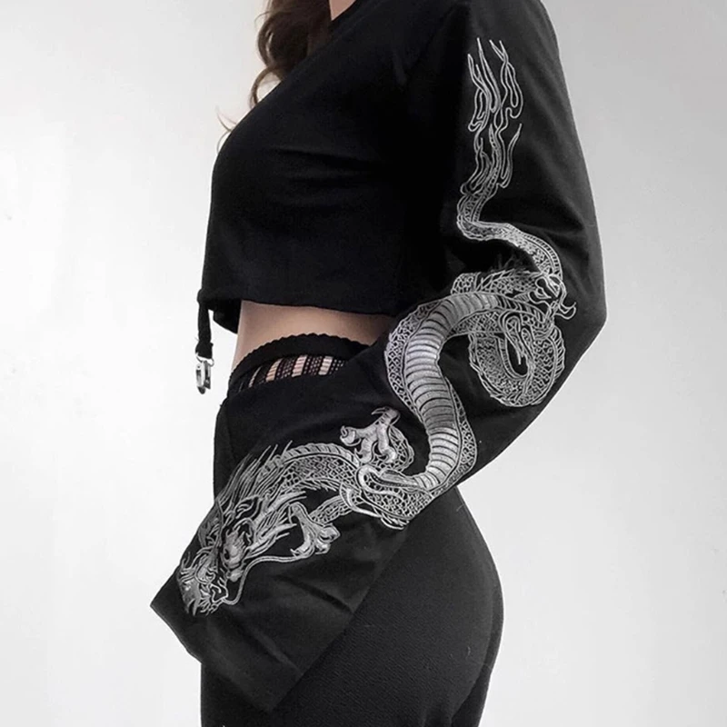 Women Dark Goth Black Long Sleeve Sweatshirt Harajuku Gothic Punk Vintage Grunge Dragon Printed Loose Pullover Crop Top Dropship