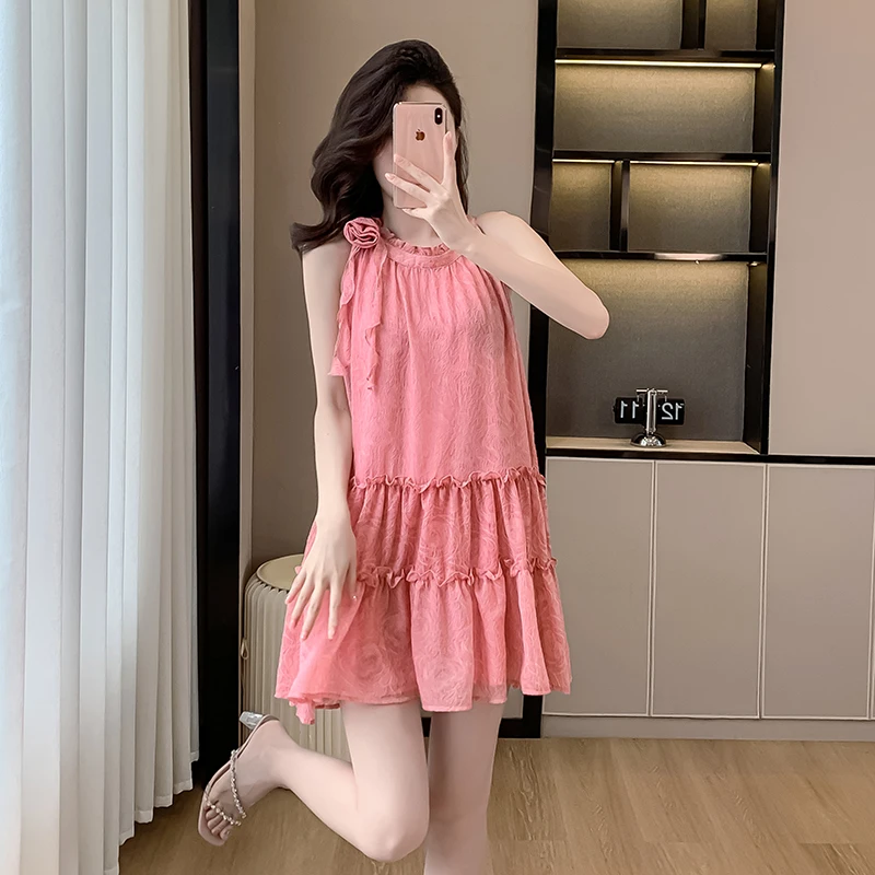 Summer Dopamine Pink Sleeveless Temperament Dresses Women's 2024 New O-Neck Niche Casual Sweet A-Line Chiffon Mini Dress