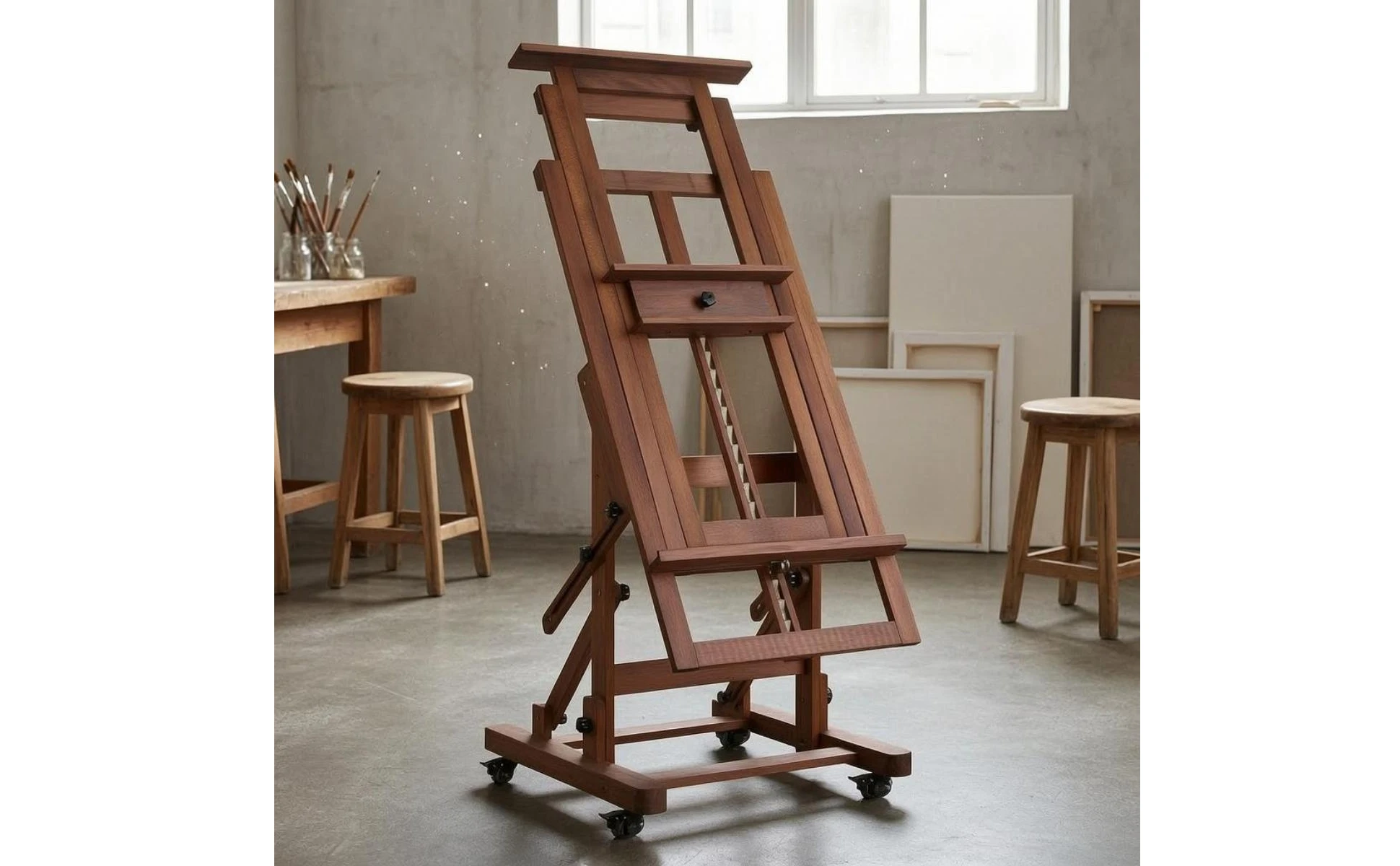 Rolling Studio Easel Horizontal and Vertical Adjustable Large Easel Art Supplies Solid Wood Wheeled for Artists, Gallery Display