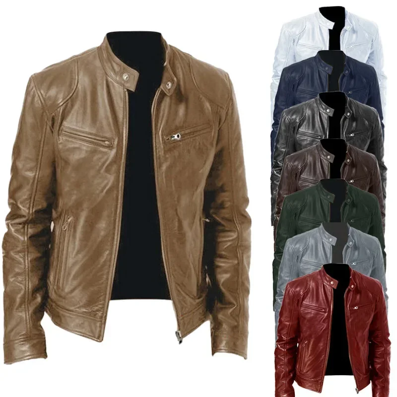 Chaqueta de cuero PU para hombre, chaqueta de cuero ajustada con cremallera y cuello levantado, cárdigan de moda para motocicleta, chaqueta de PU para hombre, novedad de 2024 5XL-M