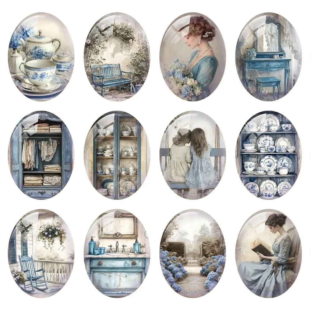 Random Mixed Round/Oval/Square French Blue Vintage Home Women Photo Glass Cabochon Flatback Demo Cameo For Diy Jewelry Making