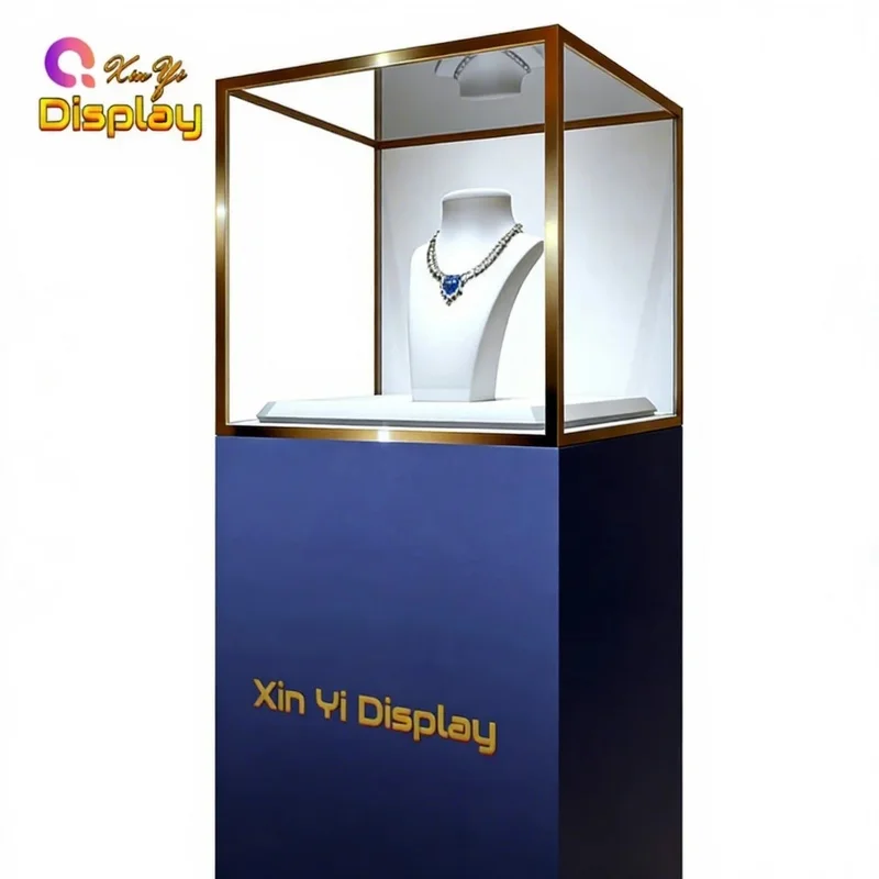 custom.Custom Luxury Anti-Theft Stainless Steel Metal Jewelry Display Showcase LED Lighting Eco-Friendly Design Commercial R