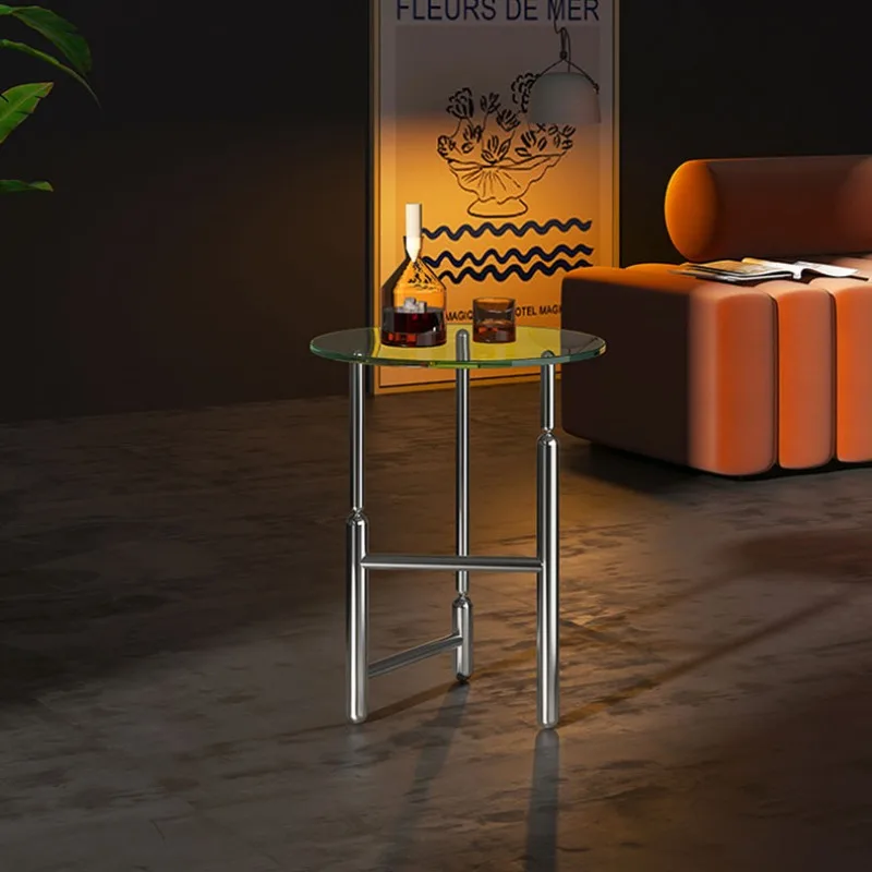 

Retro stainless steel coffee table light luxury round glass corner few Kuns balloon dog small apartment sofa side table
