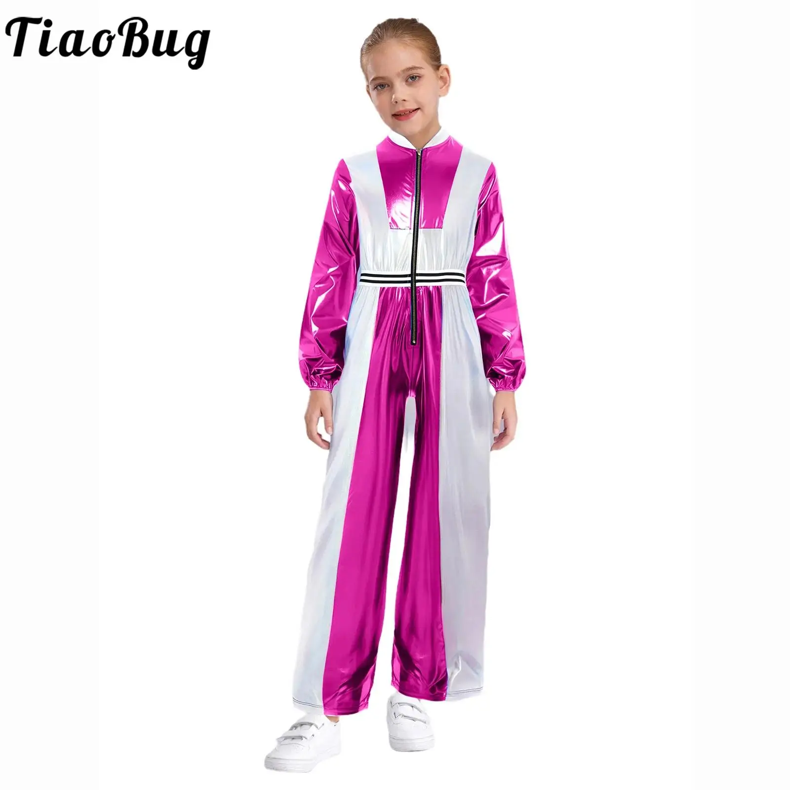 

Kid Girls Jazz Hip-Hop Dance Jumpsuit Performance Costume Metallic Shiny Long Sleeve Zipper Rompers Astronaut Dress-up Dancewear