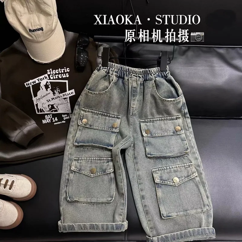 

Мешковатые джинсы для мальчиков, широкие брюки унисекс, уличная одежда, танцевальные брюки в стиле хип-хоп, свободные брюки-карго с несколькими карманами, городская уличная одежда для бега