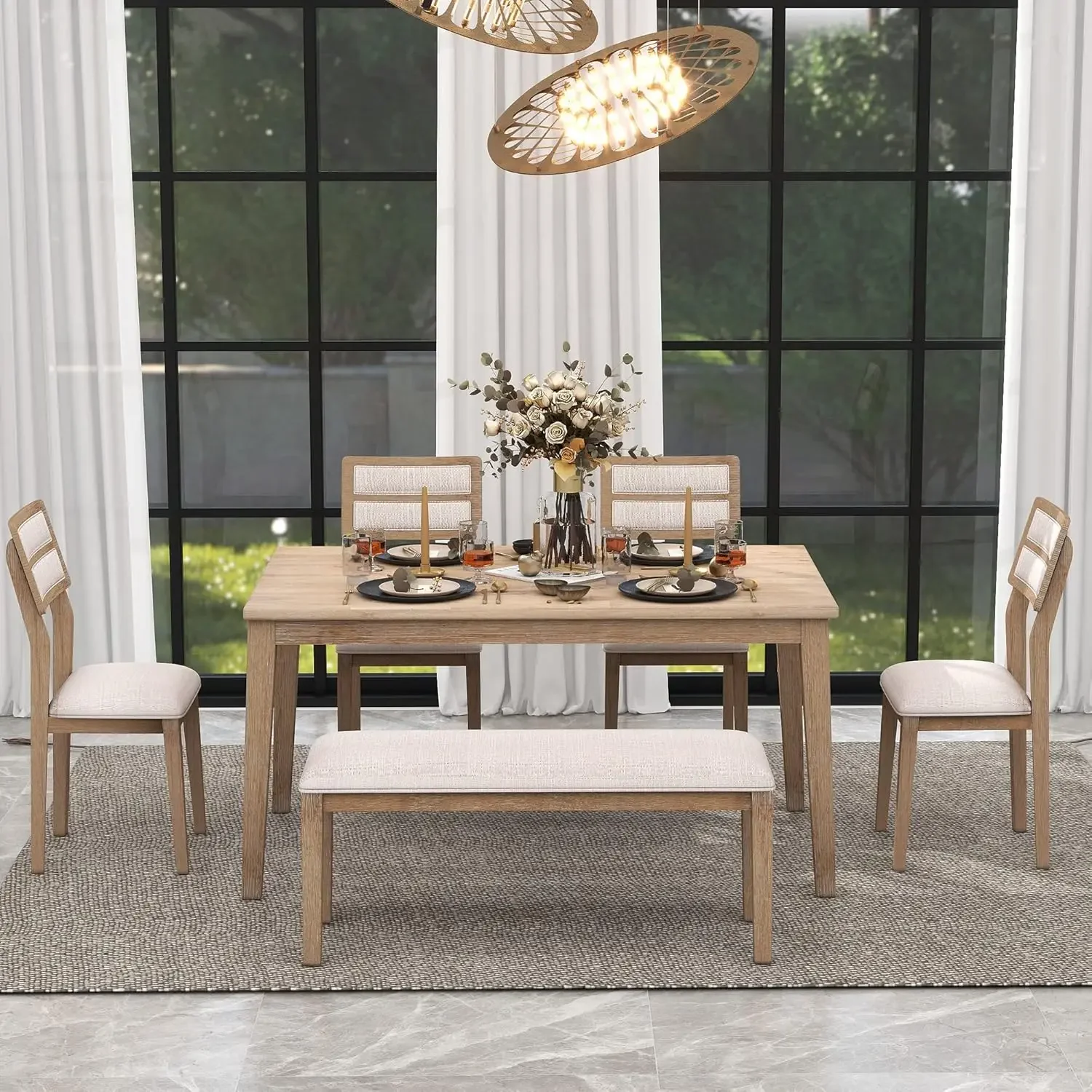 Kitchen Dining Table Set for 6, Classic and Traditional Style 6 - Piece Dining Set, Includes Dining Table, 4 Upholstered Chairs