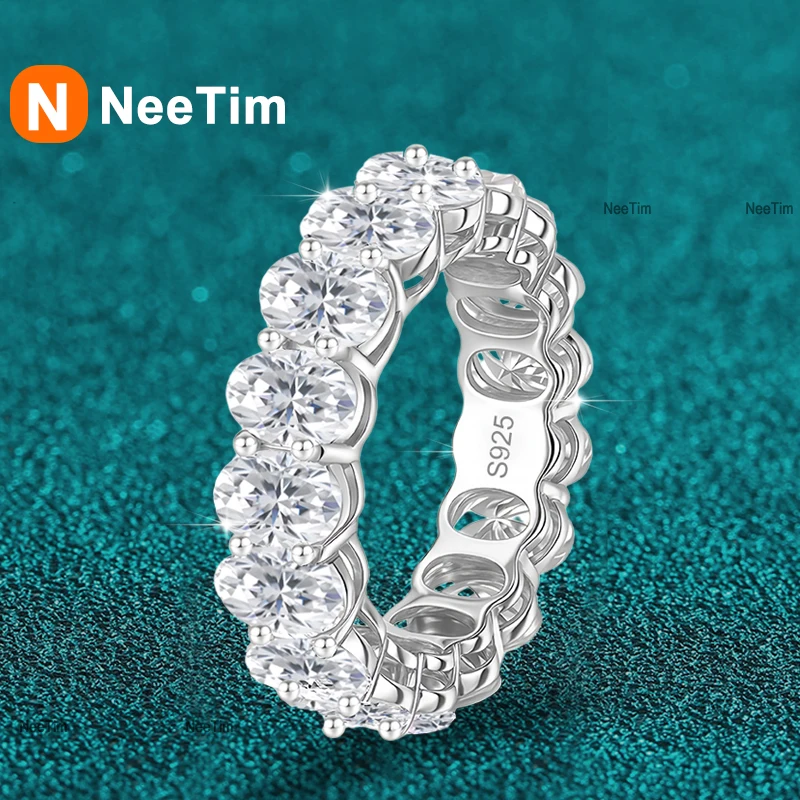 NeeTim Full Oval Cut Moissanite For Women Sparkling Wedding Eternity Bands S925 Sterling Silver Jewelry Classic Ring Jewelry