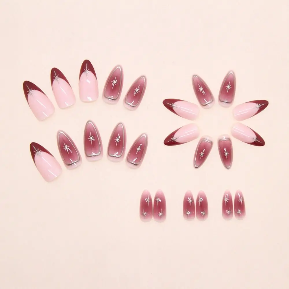 24 pçs manicure longo amêndoa unhas falsas cor cereja francesa falso nials destacável simples dicas de unhas feminino