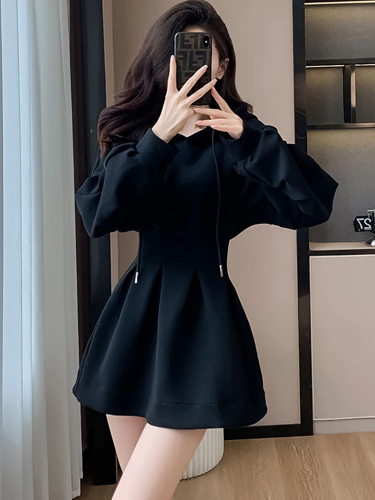 Black Long Sleeve Chic Hooded Short Dress Women Autumn Winter Elegant Bodycon Casual Dress 2024 Korean Vintage Hepburn Vestidos