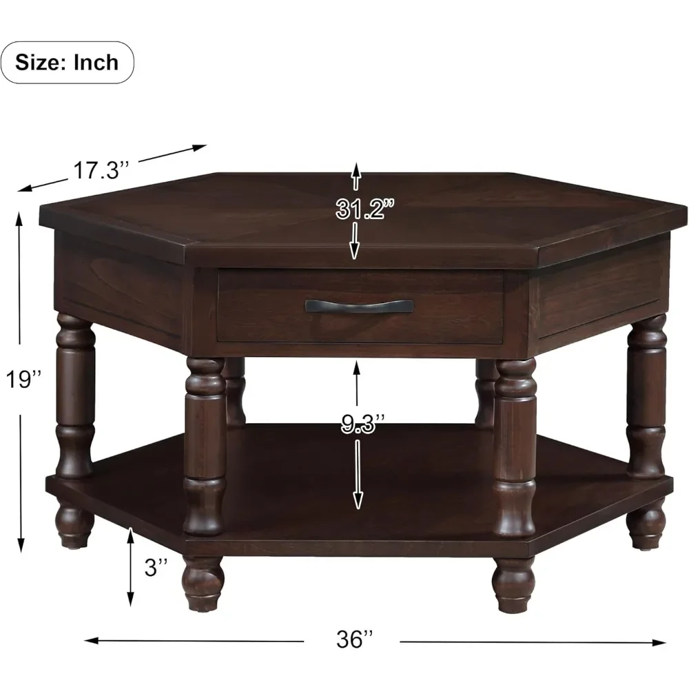 Traditional Wood Coffee Table 36-Inch Vintage Hexagon Center Table with Drawers & Storage Shelf for Living Room, Easy Assembly