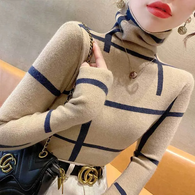 Women\'s High Neck Sweater All-match Bottom New Autumn and Winter Fashion Stripe Long Sleeve Pullover Slim Office Lady Knit Tops