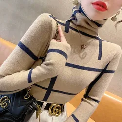 Women's High Neck Sweater All-match Bottom New Autumn and Winter Fashion Stripe Long Sleeve Pullover Slim Office Lady Knit Tops