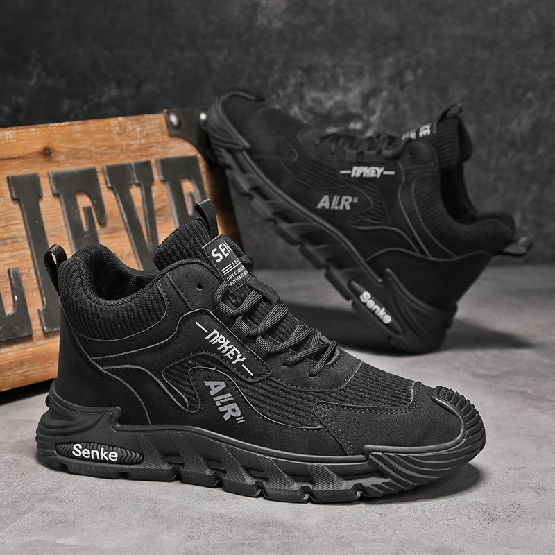 Men Lace‑up Mid‑top Outdoor Sneakers Knit Sock Collar Stitched Upper Durable Anti‑slip Thick Rubber Sole Casual Footwear