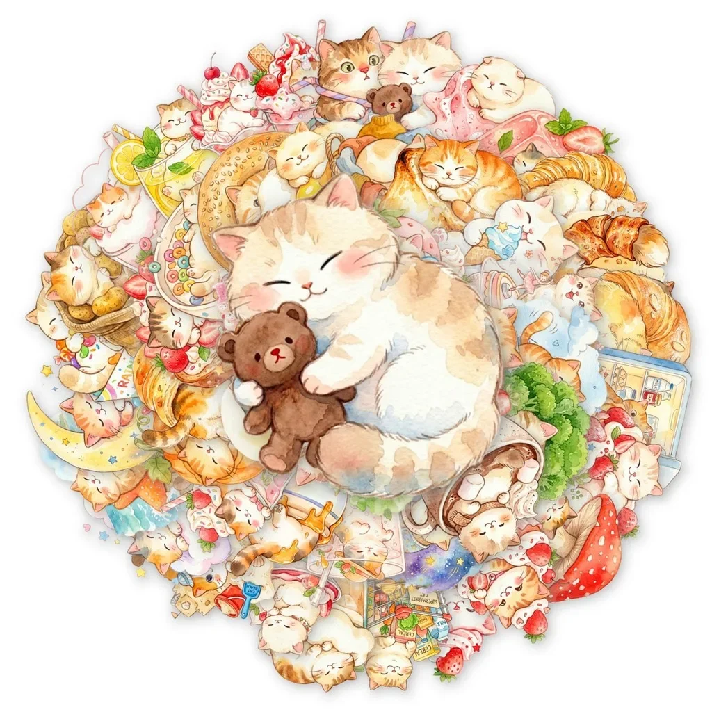 50Pcs Healing Watercolor Cat Stickers, Cute Daily Kitty Waterproof Decals for DIY Decor Giajar Sticker Store