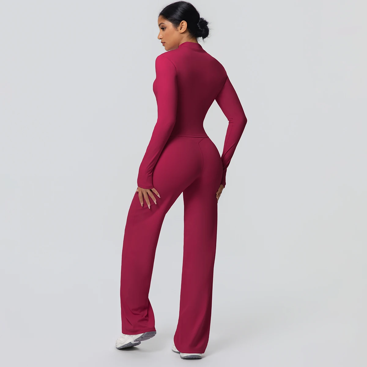 2 stück Schnell Trocknend Sport Fitness Kleidung Yoga Set Frauen Yoga Zipper Lange Ärmel Hohe Taille Atmungsaktive Breite Bein Hosen set – Detail 40
