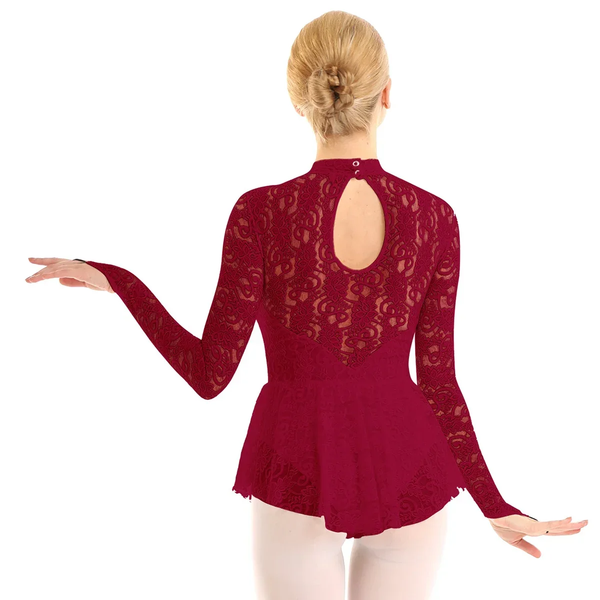 Women Ballet Dance Dress Long Sleeves Floral Lace Chiffon Gymnastics Workout Leotard for Lyrical Dancewear Stage Performance