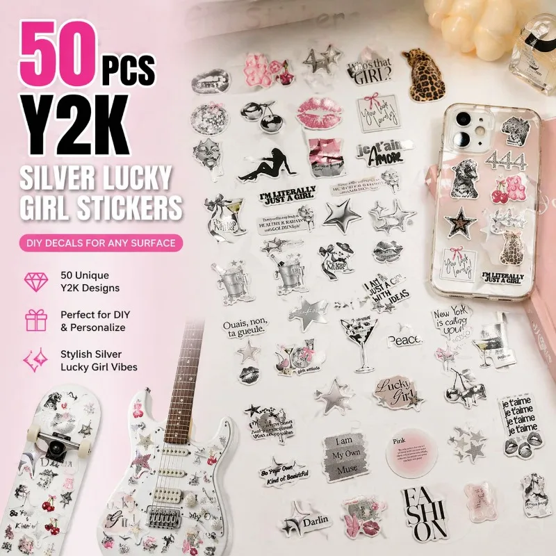 50pcs Silver Lucky Girl Y2K Stickers Delicate Feminine Aesthetic Shiny Metallic Texture Trendy Youthful Graphics Waterproof DIY