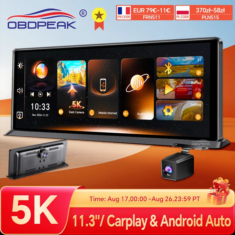K8 Pro 11,3-Zoll-Touchscreen-Autokamera 5K Dashcam GPS 5G WiFi Wireless CarPlay & Android Auto Loop-Aufnahme GPS-Navigation DVR
