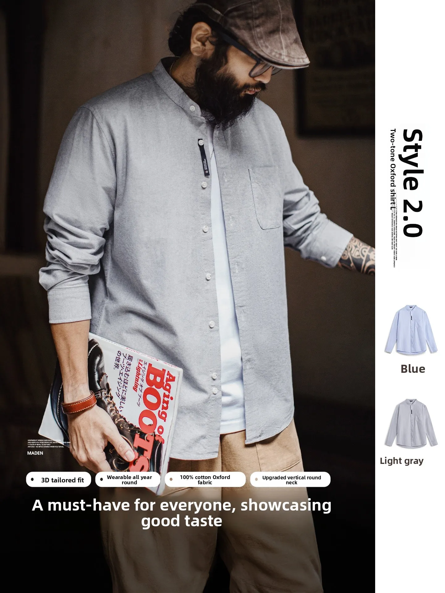 

Maden Workwear American Oxford Cloth Long Sleeve Shirt High Collar Stand Collar Pure Cotton Men's Shirt Spring Casual Style