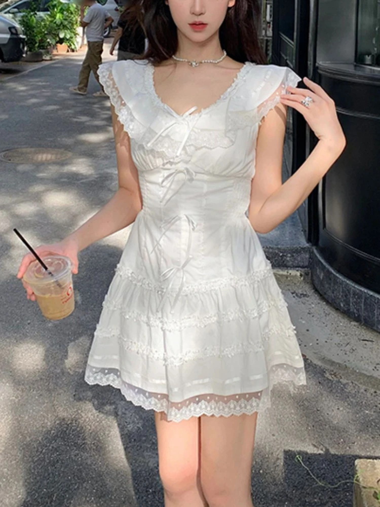 Japanese Kawaii Princess White Mini Dress Women Cute Lace Design Summer One-piece Dress Elegant Sweet Bow Evening Party Dress