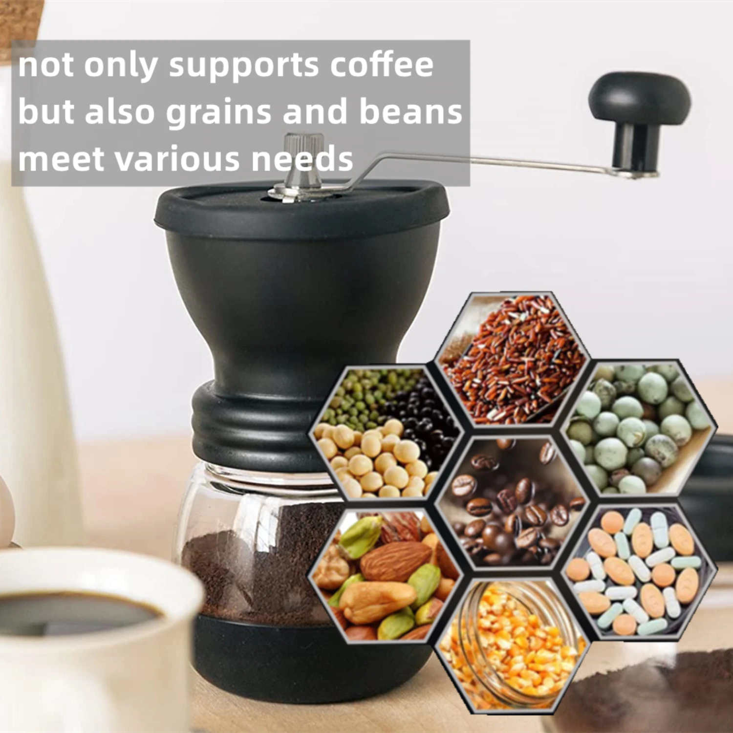 Manual Coffee  Set, Hand Coffee Mill With Conical Ceramic Burr Two Glass Jars, Black Manual Coffee Bean  & Spice