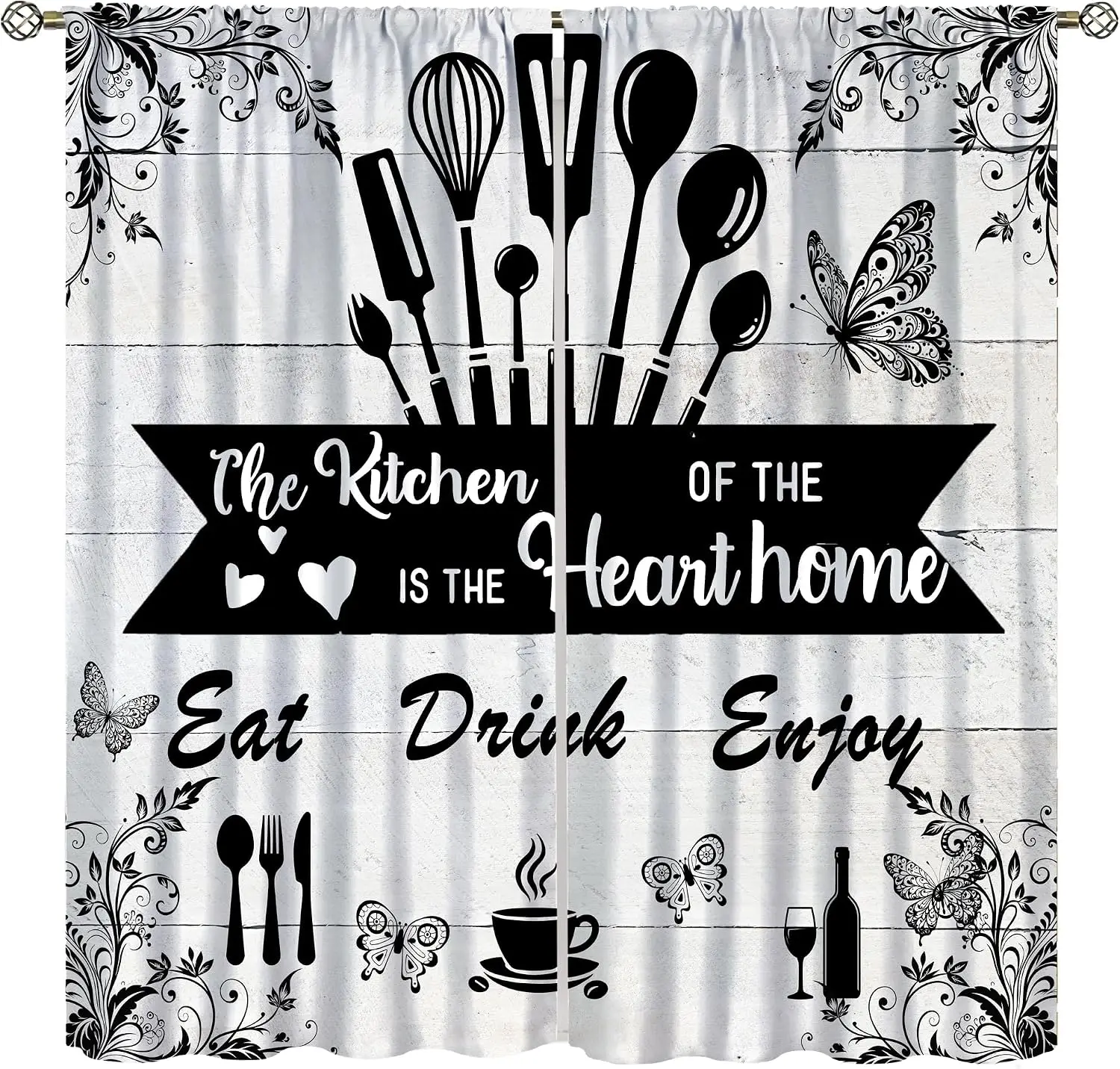 Kitchen Quote Curtain Panels, White Wood Kitchenware Butterfly Floral Quote Print Drapes for Kitchen Window Farmhouse Home Decor