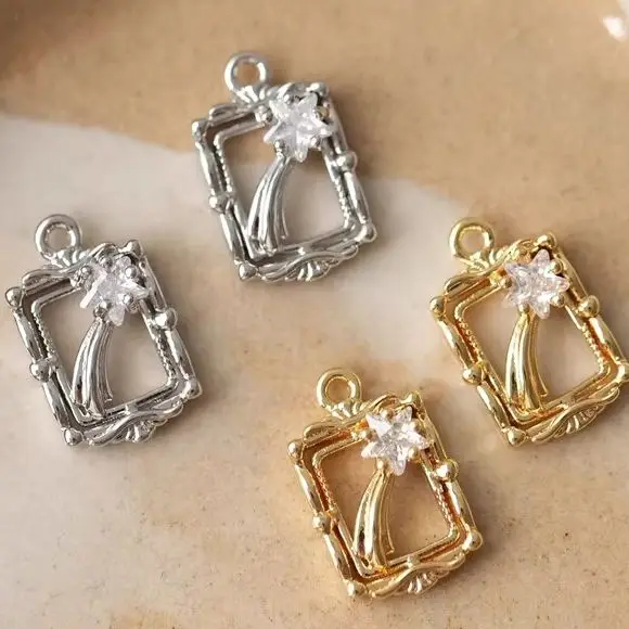 

Copper-plated Real Gold Meteor Pendant, Hollow-out Square Frame, Star Zircon, DIY Handmade Accessory, 14.7x9.5mm, 2PCs