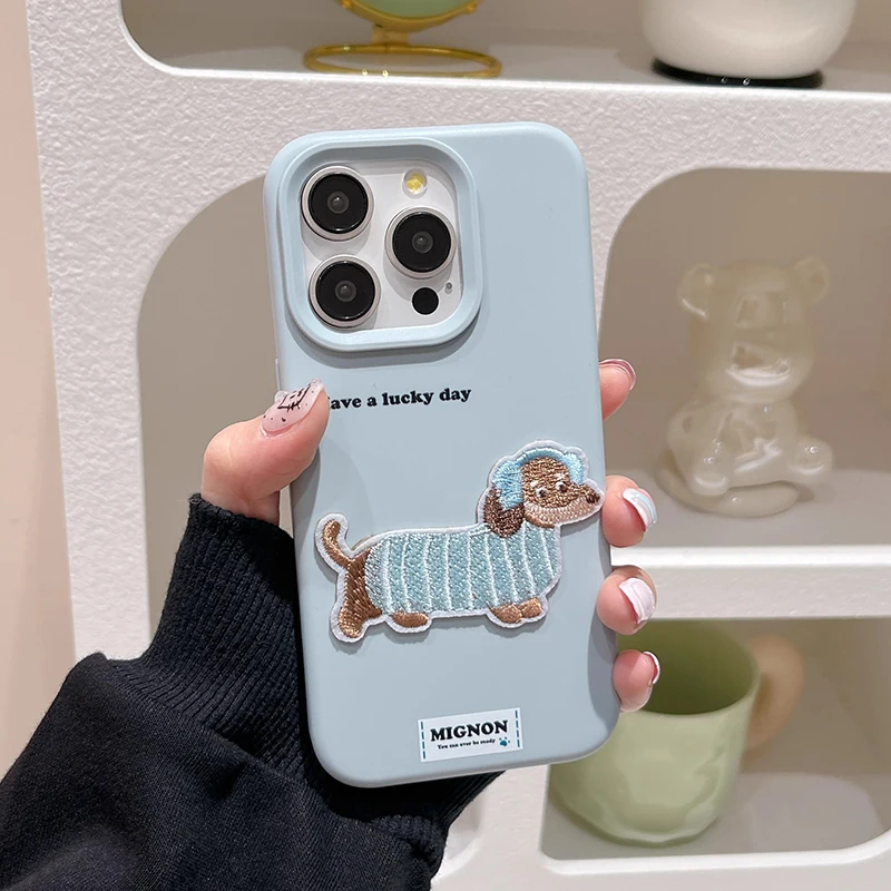 Cartoon Cute Embroidered Sausage Puppy Case For iPhone 16 Pro Max 15 13 14 12 16 Plus Lovely Dog Soft TPU Back Cover