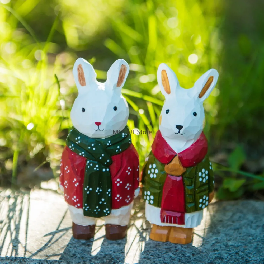 يدويا الخشب نحت أرنب رجل التماثيل الحلي مكتب المنزل Kawaii سطح المكتب ديكور عيد ميلاد هدية الكريسماس للعائلة
