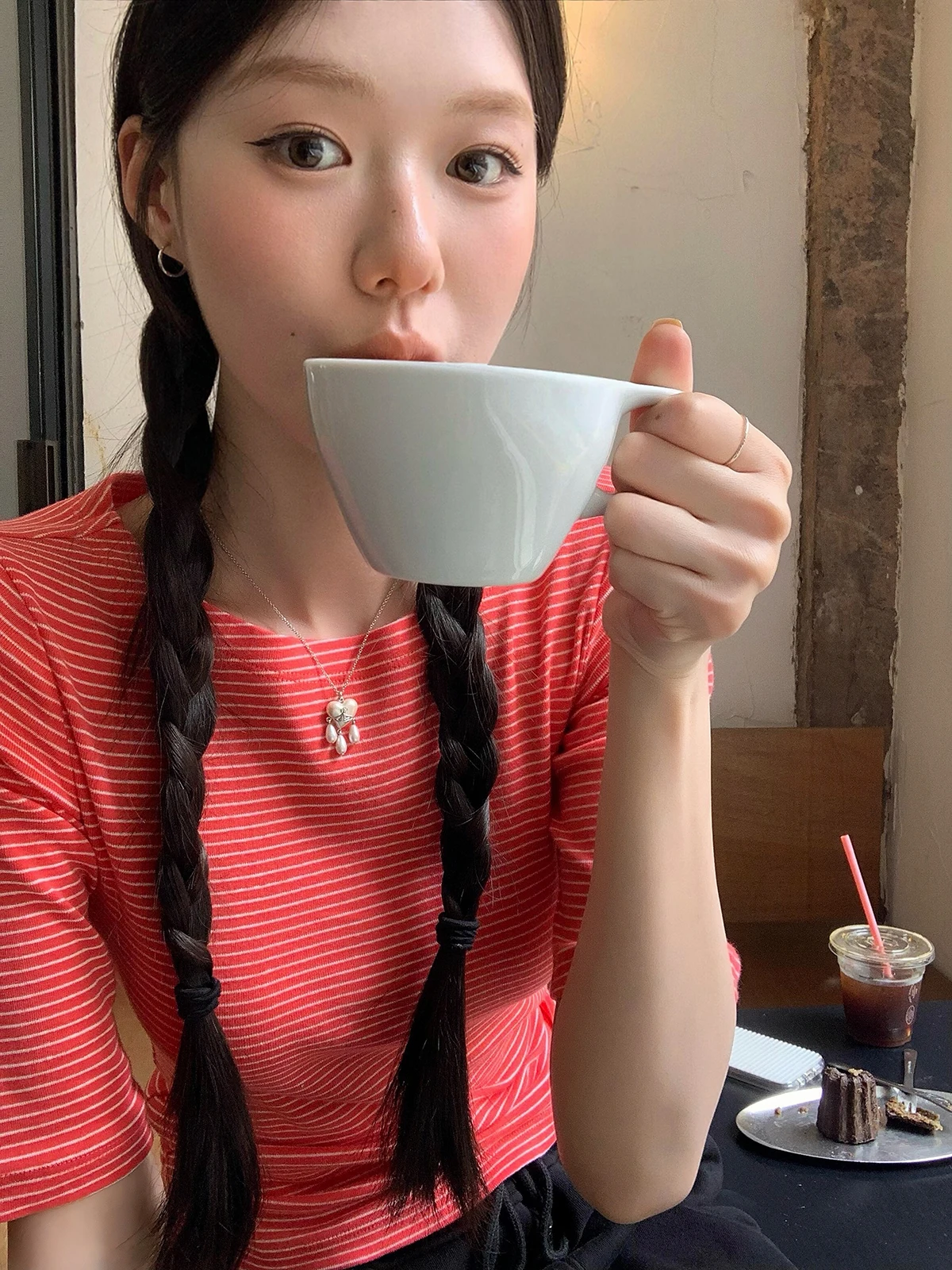 Sakura Candy Striped Boat Neck Design Slim Fit Seven Sleeve T Shirt Women Casual Versatile Short Length Cotton Summer Top