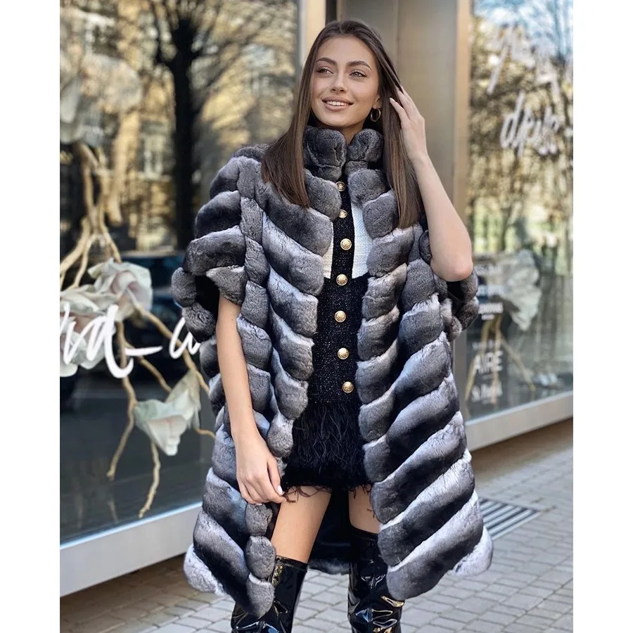 Real Rex Rabbit Fur Vest Women Chinchilla Fur Coats Mid-Length Best Seller 2024 Natural Fur Jacket Women's Winter Coat