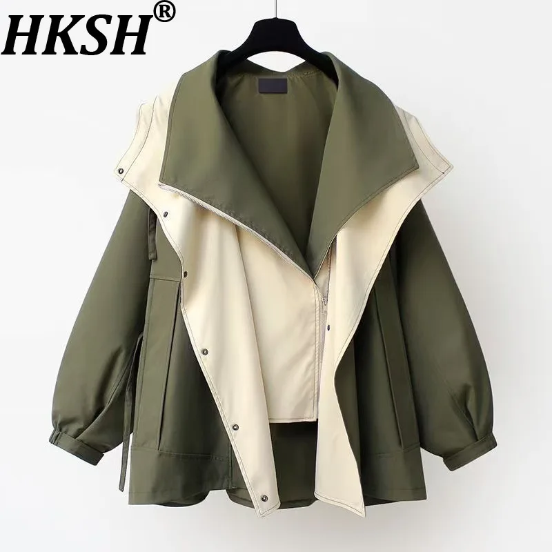 

HKSH Spring Autumn New Women Trench Coat Hooded Turn-Down Collar Zipper Patchwork Color Block Elegant Tide Casual Jacket HK13793