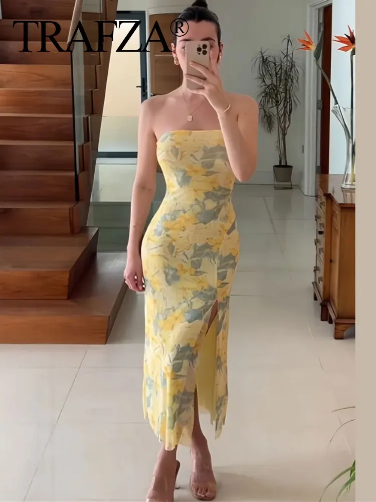 TRAFZA Summer Print Dress For Women 2024 Mesh Sleeveless Side Slit Slim Midi Dresses Female Chic Sexy Beach Style Woman Dress