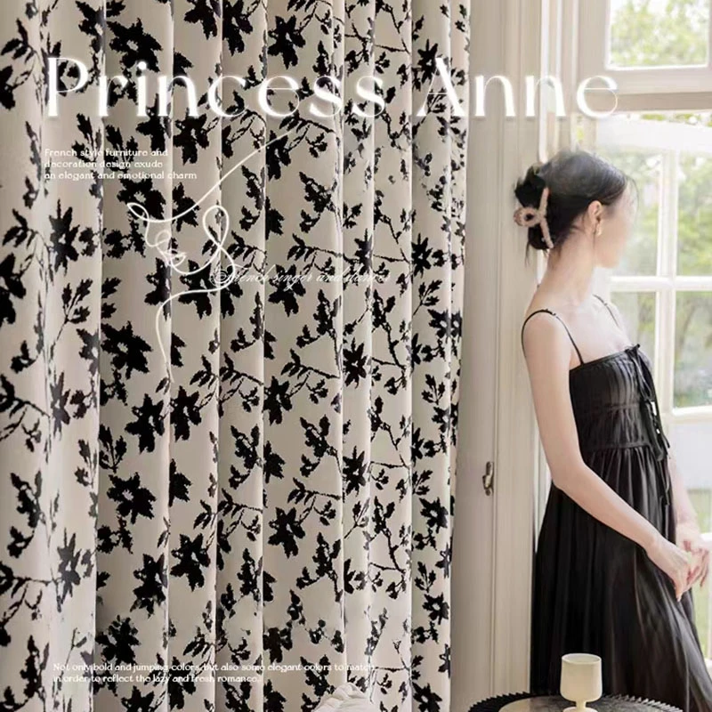 French Country Retro Chenille Curtains for Living Room Black Flower Jacquard Balcony Curtains Bedroom Light Luxury Soft Curtains