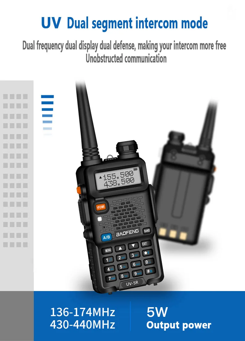 Baofeng uv 5r اسلكية تخاطب 5 واط عالية الطاقة ثنائي النطاق اتجاهين راديو طويل المدى يده أجهزة الاتصالات المحمولة للصيد