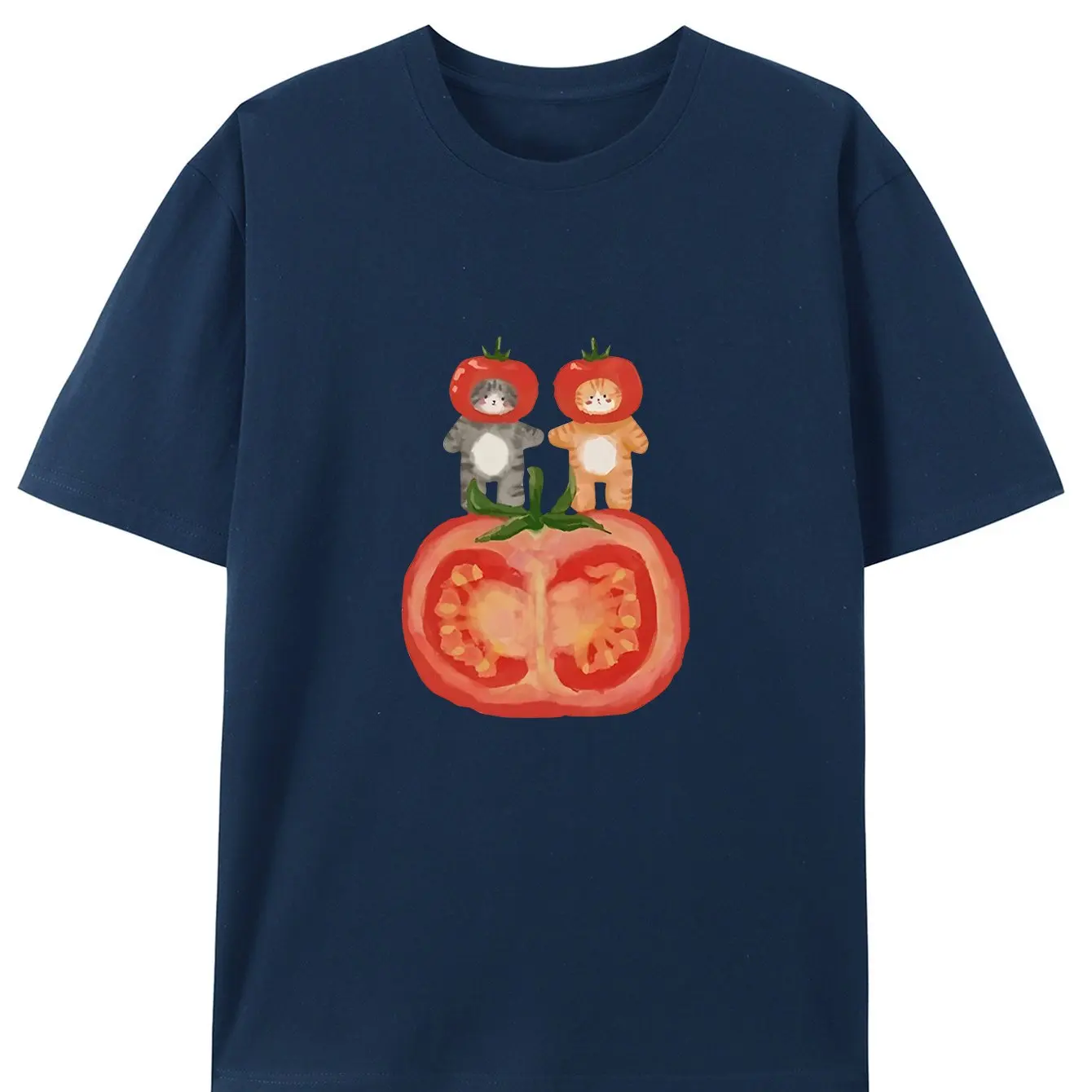 Zomer Dames Grillige Beer & Tomaat Cartoon Grafisch Bedrukt T-shirt Katoen Casual T-shirt met korte mouwen Ronde hals Paar Top