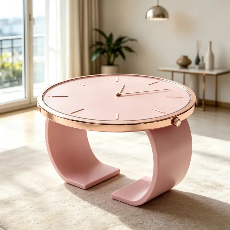 Creative Watch Shaped Round Coffee Table Pink Curved Base Decorative Side Table Luxury Art Furniture for Villa Apartment