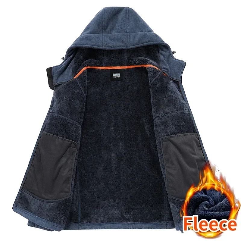 

New Polar Men's Jacket Hooded Zip Up Windbreaker Male Fleece Lined Warm Sherpa Coat Casual Autumn Outdoor Velvet Fishing Hikking